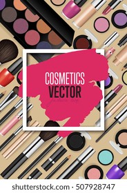 Cosmetics vector. Fashion and beauty background. Border frame with brush stroke over makeup decorative cosmetics and tool seamless pattern. Vector illustration for presentation or advertising
