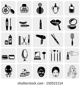 Cosmetics vector icons set on gray.