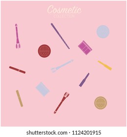 Cosmetics vector illustration collection composing of lipsticks, brush-on, brush for beauty.