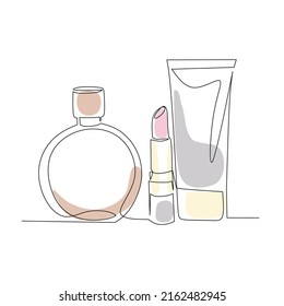 Ilustración vectorial de cosméticos dibujada en estilo de arte de línea