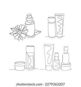Ilustración vectorial de cosméticos dibujada en estilo de arte de línea