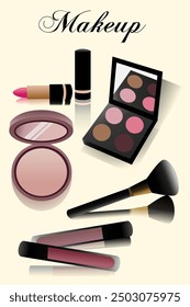 cosmetics vector illustration set.  Brush for powder, powder, Open pink, eyeshadow palette, lipstick and lip tint. 