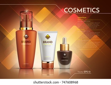 Cosmetics Vector Realistic Package Ads Template. Face Cream And Hair Products Bottles. Mockup 3D Illustration. Abstract Backgrounds