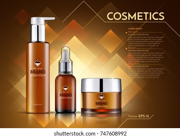 Cosmetics Vector realistic package ads template. Hair products bottles. Mockup 3D illustration. Sparkling backgrounds