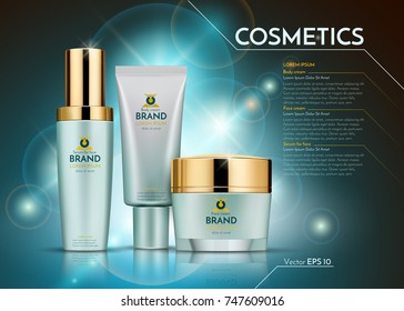 Cosmetics Vector realistic package ads template. Face and body cream bottles. Products Mockup 3D illustration. Sparkling blue backgrounds