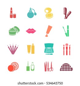 Cosmetics vector set flat web icons. Multicolored icons with cosmetic products and the elements to create a make-up for internet, web, mobile apps, interface design, presentations, logo, button
