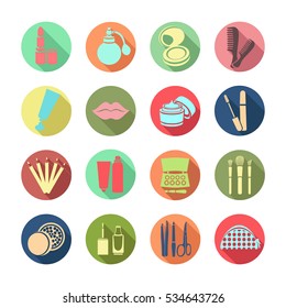 Cosmetics vector set icon. Multicolored icons with cosmetic products and the elements to create a make-up in round frame with shadow, for internet, web, mobile apps, interface design, presentations