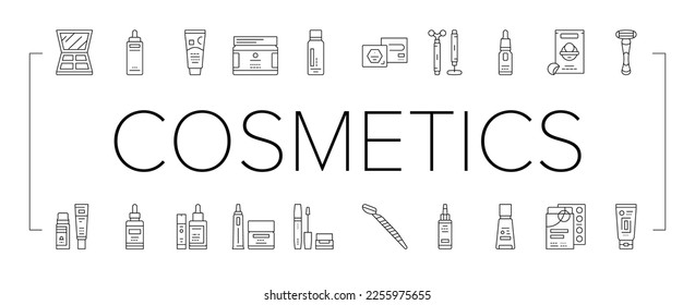 Cosmetics For Visage Skin Treat Icons Set Vector. Eyeshadow Palette And Face Oil, Solid Shampoo And Body Butter, Firming Serum And Mattifying Cream Skincare Cosmetics Black Contour Illustrations