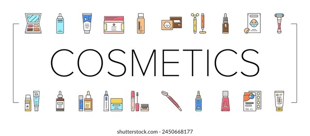 Cosmetics For Visage Skin Treat Icons Set Vector. Eyeshadow Palette And Face Oil, Solid Shampoo And Body Butter, Firming Serum And Mattifying Cream Skincare Cosmetics Color Illustrations