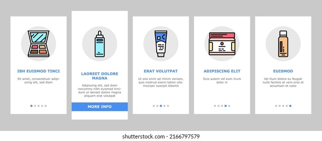 Cosmetics For Visage Skin Treat Onboarding Mobile App Page Screen Vector. Eyeshadow Palette Face Oil, Solid Shampoo Body Butter, Firming Serum And Mattifying Cream Skincare Cosmetics Illustrations