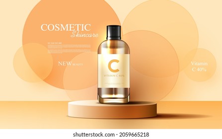 Cosmetics Vitamin C or skin care product ads with bottle, banner ad for beauty products and sky background glittering light effect. vector design. - Shutterstock ID 2059665218