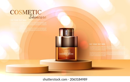 Cosmetics Vitamin C or skin care product ads with bottle, banner ad for beauty products and sky background glittering light effect. vector design.