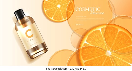 Cosméticos anuncios de vitamina C o productos para el cuidado de la piel con botellas, paquetes realistas. anuncio publicitario para productos de belleza y fondo naranja. diseño vectorial.