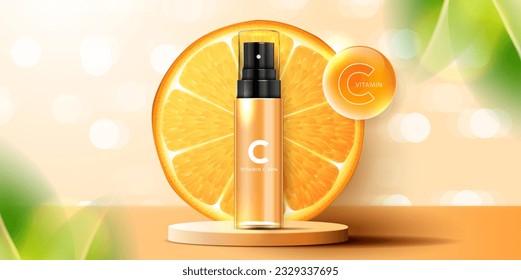 Cosméticos anuncios de vitamina C o productos para el cuidado de la piel con botellas, paquetes realistas. anuncio publicitario para productos de belleza y fondo naranja. diseño vectorial.