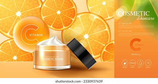 Cosméticos anuncios de vitamina C o productos para el cuidado de la piel con botellas, paquetes realistas. anuncio publicitario para productos de belleza y fondo naranja. diseño vectorial.