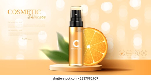 Cosméticos anuncios de vitamina C o productos para el cuidado de la piel con botellas, paquetes realistas. anuncio publicitario para productos de belleza y fondo naranja. diseño vectorial.