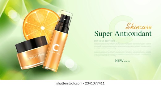 Kosmetik Vitamin C oder Hautpflegeprodukte Werbung mit Flasche, realistische Packung nach oben. Banner für Kosmetikprodukte und orangefarbener Hintergrund. Vektordesign.