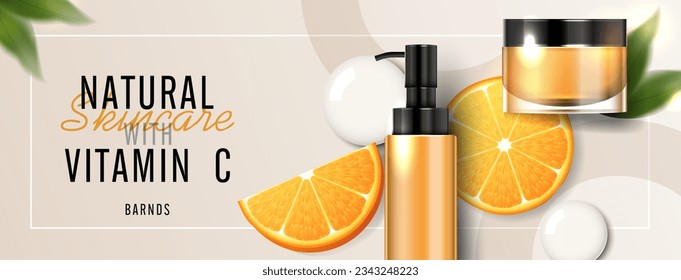 Cosmetics vitamin C or skin care product ads with bottle, realistic package mockup. banner ad for beauty products and orange background. vector design.