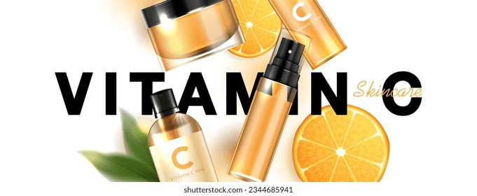 Cosmetics vitamin C or skin care product ads with bottle, realistic package mockup. banner ad for beauty products and orange background. vector design.