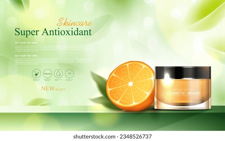 Cosmetics vitamin C or skin care product ads with bottle, realistic package mockup. banner ad for beauty products and orange background. vector design.