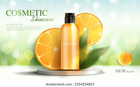 Cosmetics vitamin C or skin care product ads with bottle, realistic package mockup. banner ad for beauty products and orange background. vector design.