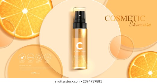 Cosméticos anuncios de vitamina C o productos para el cuidado de la piel con botellas, paquetes realistas. anuncio publicitario para productos de belleza y fondo naranja. diseño vectorial.