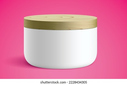 Cosmetics white container covered with a wooden lid. Realistic vector mockup of the small size round ceramic or plastic jar, for perfume branding, standing on a pink background.