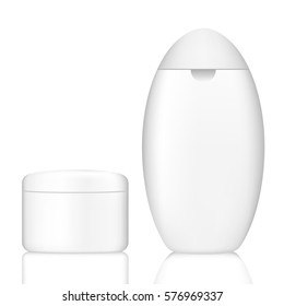 cosmetics white plastic jars of shampoo, shower gel, hair masks, body lotion on a white background