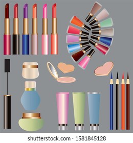 Cosmetics for women. Nail polish, lipstick, pencil, powder. Set of images for booklets, banners, advertising, print products.