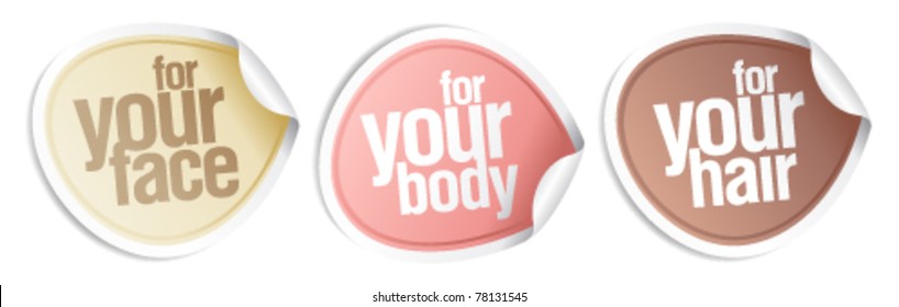 Cosméticos para o seu corpo, cabelo, rosto. Adesivos de vetor definidos.