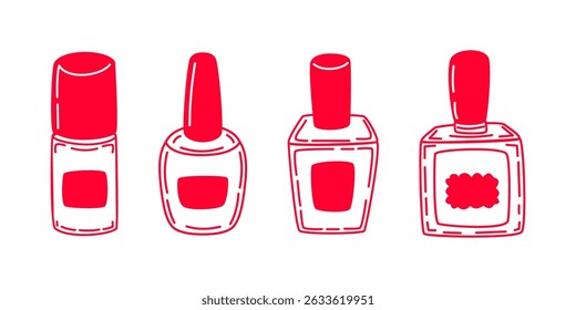 Cosmetic-themed vector with nail polish bottles in red color. Playful line art illustration in sketch style.