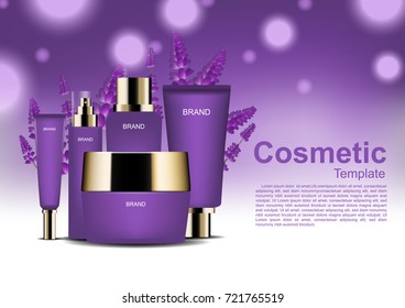 Cosmetis ads, skin care set with lavender and purple wisps on purple background