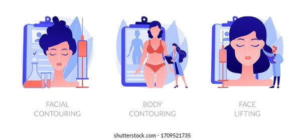 Cosmetological procedures, contour plastic, anaplasty, rejuvenation and weight loss. Facial contouring, body contouring, face lifting metaphors. Vector isolated concept metaphor illustrations.