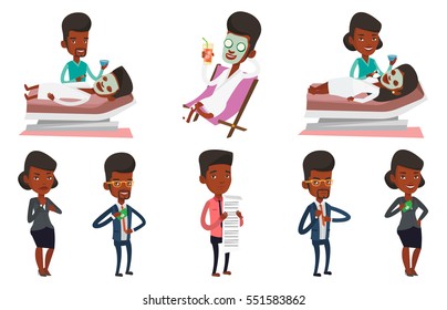 Cosmetologist applying cosmetic mask on face of client in beauty salon. Young man lying on table in salon during beauty treatment. Set of vector flat design illustrations isolated on white background.