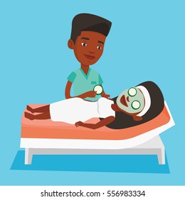 Cosmetologist applying cosmetic mask on face of woman in beauty salon. Woman with face mask relaxing in beauty salon. Girl having beauty treatments. Vector flat design illustration. Square layout.