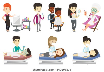 Cosmetologist applying cosmetic mask on face of client in beauty salon. Man lying on table in salon during cosmetology procedure. Set of vector flat design illustrations isolated on white background.