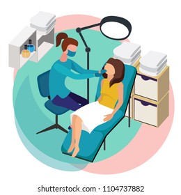 Cosmetologist applying cosmetic treatment on face of a woman in a beauty salon. Dermatologist takes the patient in clinic. Vector isometric illustration.