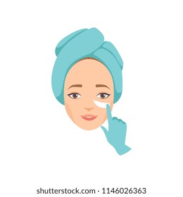 Cosmetologist applying cream on face of young woman in beauty salon, cosmetic procedure for face rejuvenation, cosmetology and anti aging concept vector Illustration