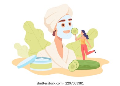 Cosmetologist applying cucumber mask on woman face. Female cartoon character taking care of facial skin, applying cosmetic products flat vector illustration. Skincare routine concept