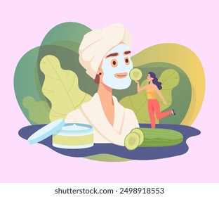 Cosmetologist applying cucumber mask on woman face. Female cartoon character taking care of facial skin, applying cosmetic products flat vector illustration. Skincare routine concept
