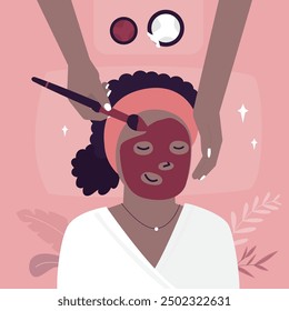 Cosmetologist with client concept. Woman applies cosmetics to face of young girl. Spa and beauty treatments. Make up and skin care. Top view, closeup. Skincare routine.  flat vector illustration