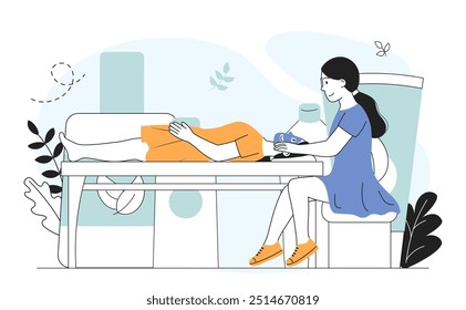 Cosmetologist with client. Woman gives facial massage to young girl. Relaxation and wellbeing. Skincare and beauty procedures. Dermatologist with client. Linear vector illustration