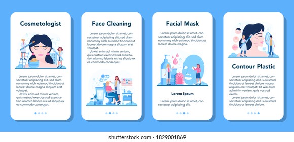 Cosmetologist concept mobile application banner set, skin care and treatment. Young woman with skin problem. Problematic skin cleaning, dermatology disease. Isolated vector illustration
