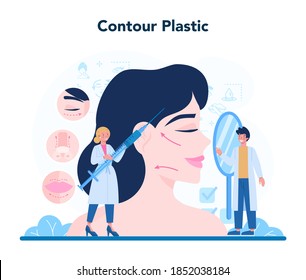 Cosmetologist concept set, face contouring surgery. Underskin fillers for face reshaping. Dermatology procedure. Isolated vector illustration in cartoon style