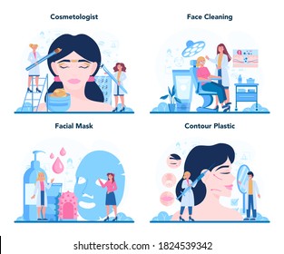 Cosmetologist concept set, skin care and treatment. Young woman with skin problem. Problematic skin cleaning, dermatology disease. Isolated vector illustration in cartoon style