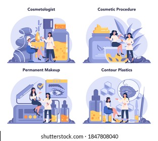 Cosmetologist concept set, skin care and treatment. Young woman treating skin. Cosmetic procedure for problematic skin. Beauty and plastic treatment. Isolated vector illustration