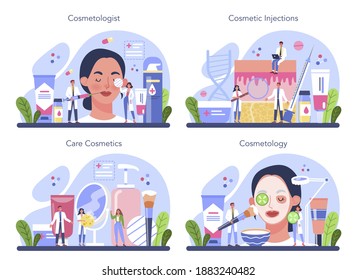 Cosmetologist concept set. Skin care and treatment procedure. Cosmetic injection for problematic skin. Beauty and plastic cosmetology. Isolated vector illustration