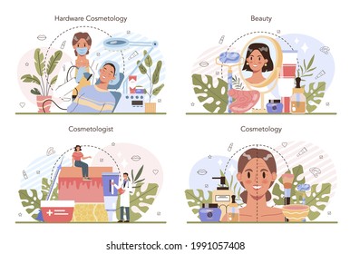 Cosmetologist Concept Set. Skin Care Procedure. Hardware Cosmetology For Problematic Skin. Dermatology Treatment. Isolated Vector Illustration