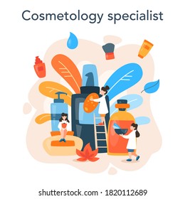 Cosmetologist concept, skin care and treatment. Young woman with bad skin problem. Problematic skin, dermatology disease. Isolated vector illustration in cartoon style