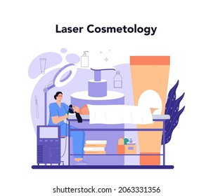 Cosmetologist concept. Skin care and treatment procedure for problematic skin. Laser revitaliation cosmetology. Isolated vector illustration